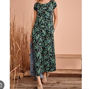 J.jill Pleated V Back Floral Painsly Maxi Boho Dress With Pockets Coastal Sz 1X